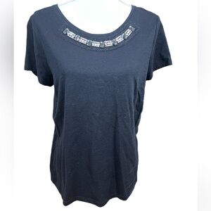 🔥ST. JOHNS BAY women Top L Black Stud embellished Short Sleeves Round Neck top